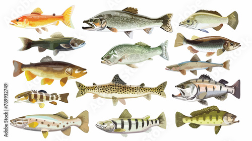 Freshwater fish set. Vector illustration of different
