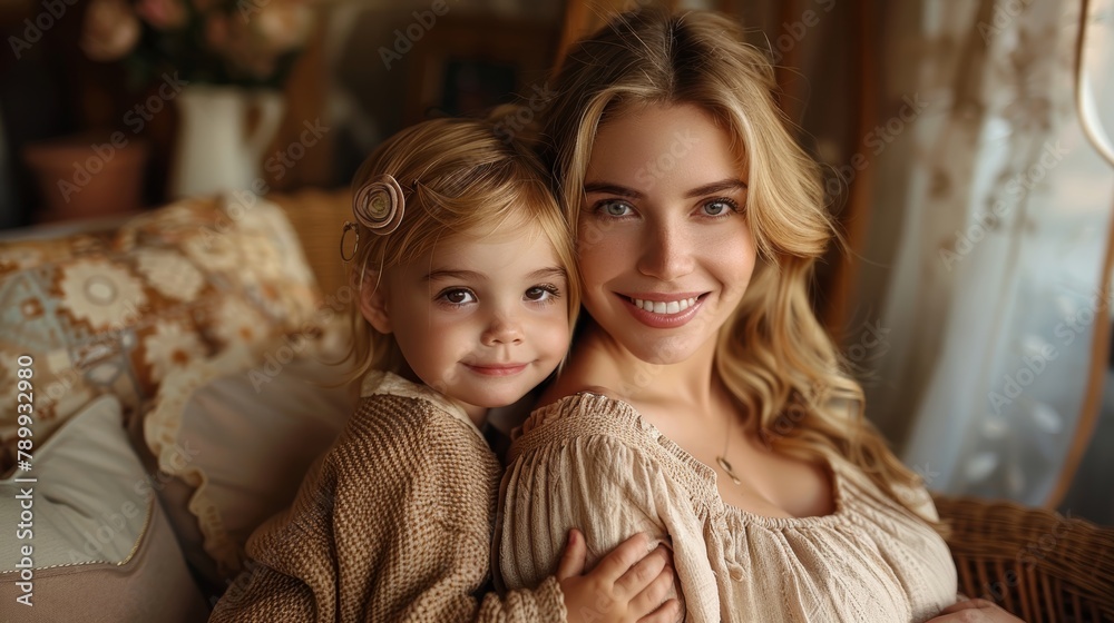 Loving mother, glowing with pregnancy, as she warmly embraces her young daughter, both smiling in a beautifully lit home environment. Loving mother, glowing with pregnancy, as she warmly embraces her young daughter, both smiling in a beautifully lit home environment.