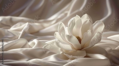   A large white flower atop a bed, its pristine petals contrasting against white sheets and a backdrop of smooth white satin fabric © Mikus