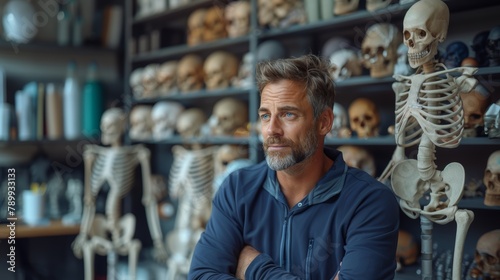 Thoughtful professional physiotherapist, surrounded by skeletal models, reflects on his practice in a clinical setting, expressing expertise and focus.