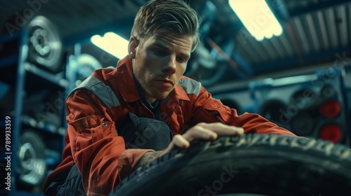 A focused young man in a mechanic's uniform skillfully changing a tire, showcasing expertise and precision