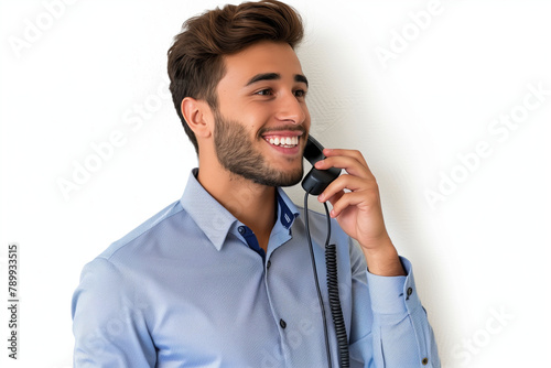 customer support specialist engaged in conversation with a client over the phone, against a white background, highlighting effective communication skills and problem-solving abilit photo