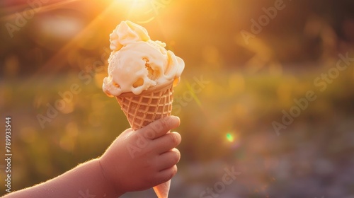 Melting ice cream in the hand of a child, detailed texture against a sunlit background
