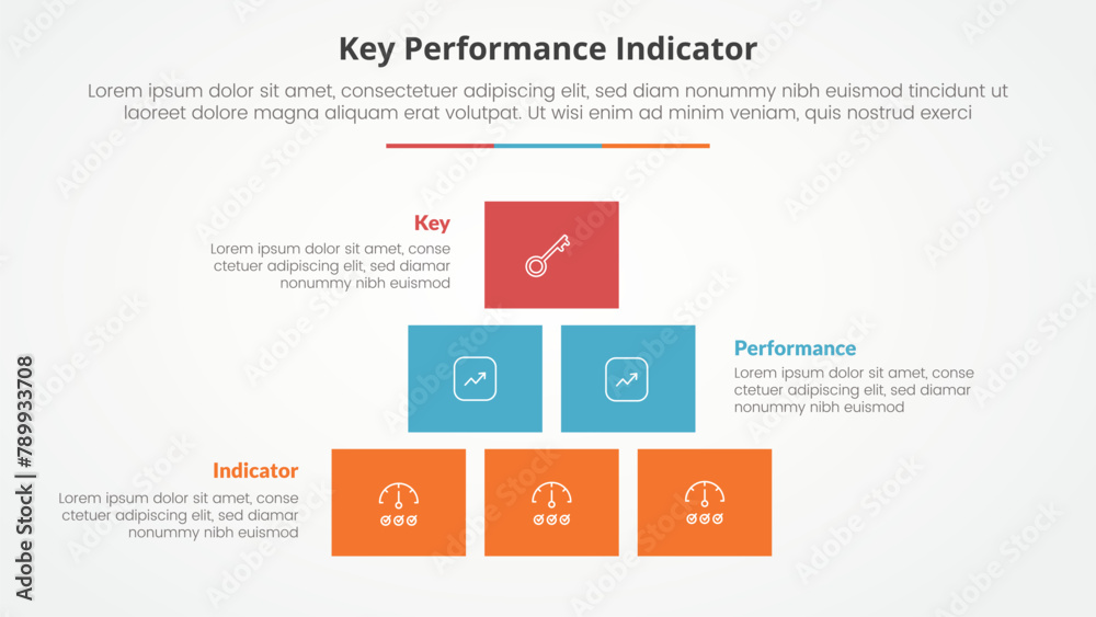 KPI key performance indicator model infographic concept for slide presentation with box rectangle pyramid structure with 3 point list with flat style