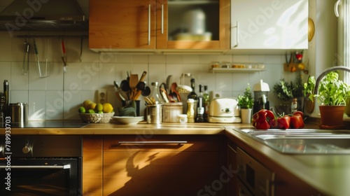 A kitchen with a lot of stuff on the counter and a sink. The counter is made of wood and has a lot of items on it