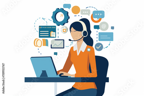 customer support specialist at her workstation, surrounded by technological tools, against a white background, symbolizing accessibility and readiness to address customer needs.