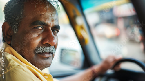 copy space, stockphoto, close-up of a middle aged indian taxi driver in his taxi. Male Indian taxidriver, sitting in his taxi, close-up portrait. Transportation theme. photo