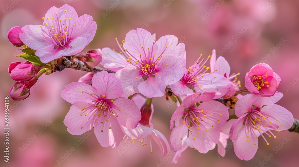 Pink flowers bloom on a tree branch against a blurred, rose-tinted backdrop of more flowers Pink flowers bloom on a tree branch against a blurred, rose-tinted backdrop of more flowers