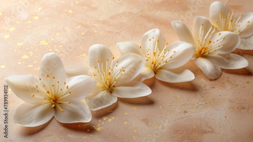  Three white flowers with yellow stamens on a beige background, edged with gold petal flecks