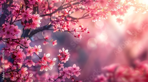   A tight shot of a tree displaying pink blooms in the foreground  while the background softly blurs