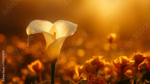   A white bloom amidst a sea of yellow flowers, sun rays filtering through overlapping clouds behind photo