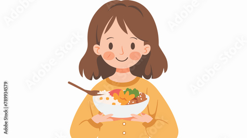 Girl eating a curry rice with a smile. Hand drawn sty