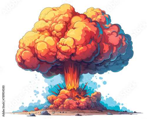 Colorful animated style mushroom cloud explosion isolated on transparent background