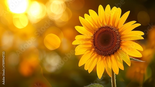   A sunflower's face up-close in a sea of sunflowers, background softly lit with blurred rays © Mikus