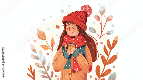 Girl holds a cup with a warm drink in the cold season
