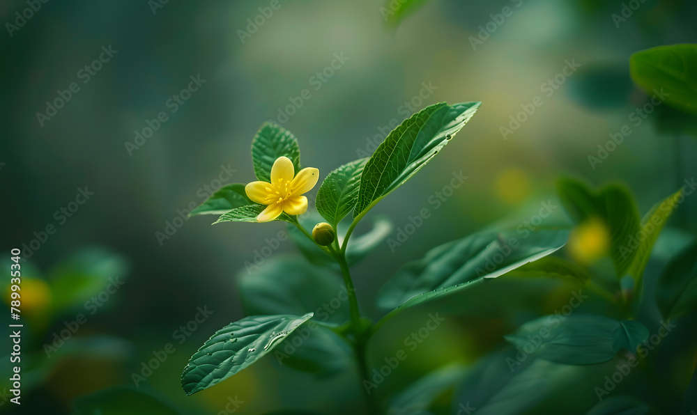 a green leaf with a pale yellow flower in the background, Generative AI a green leaf with a pale yellow flower in the background, Generative AI