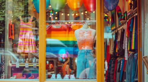 Bright and colorful Pride-themed display in a fashion store window
