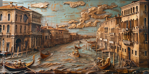 Paesaggio veneziano inciso su una tavola di legno. Venezia. photo