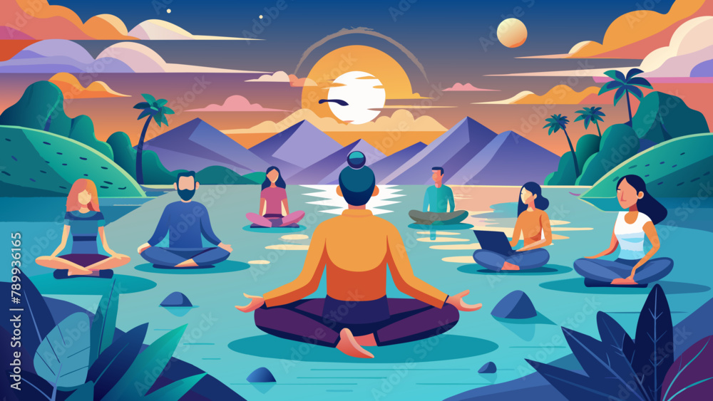 Obraz premium Virtual Mindfulness Retreat: Serene Avatars in Tranquil Setting, People Are Doing Yoga