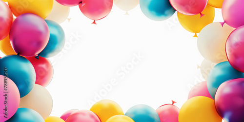 Palloncini per festa su sfondo bianco con spazio per messaggio o immagine. Compleanno. Festa.