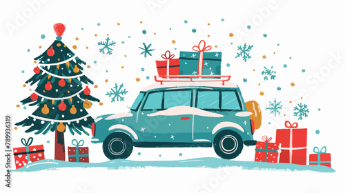 Retro car with christmas tree and gift boxes. Vector
