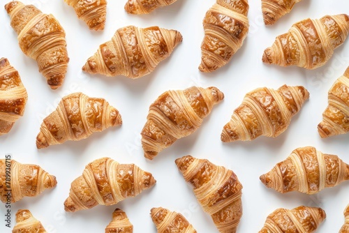 Croissants pattern on white background. Flat lay, top view