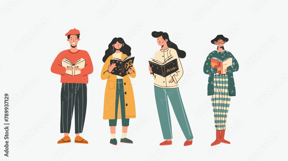 Group of people with books. Hand drawn style vector d