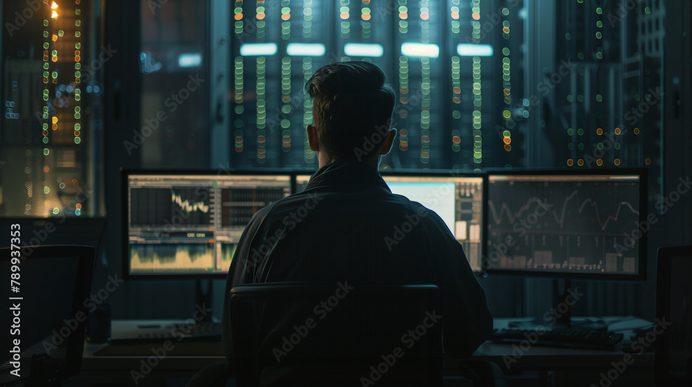 Silhouette of a Young Man Working on Multiple Computer Screens at Night Silhouette of a Young Man Working on Multiple Computer Screens at Night