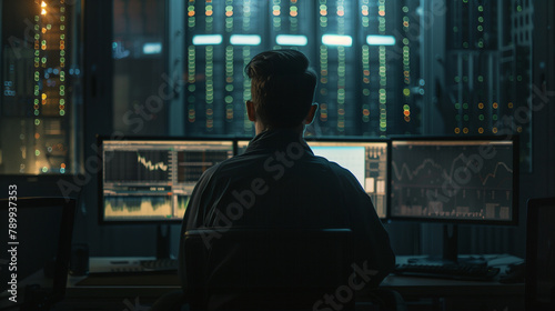 Silhouette of a Young Man Working on Multiple Computer Screens at Night