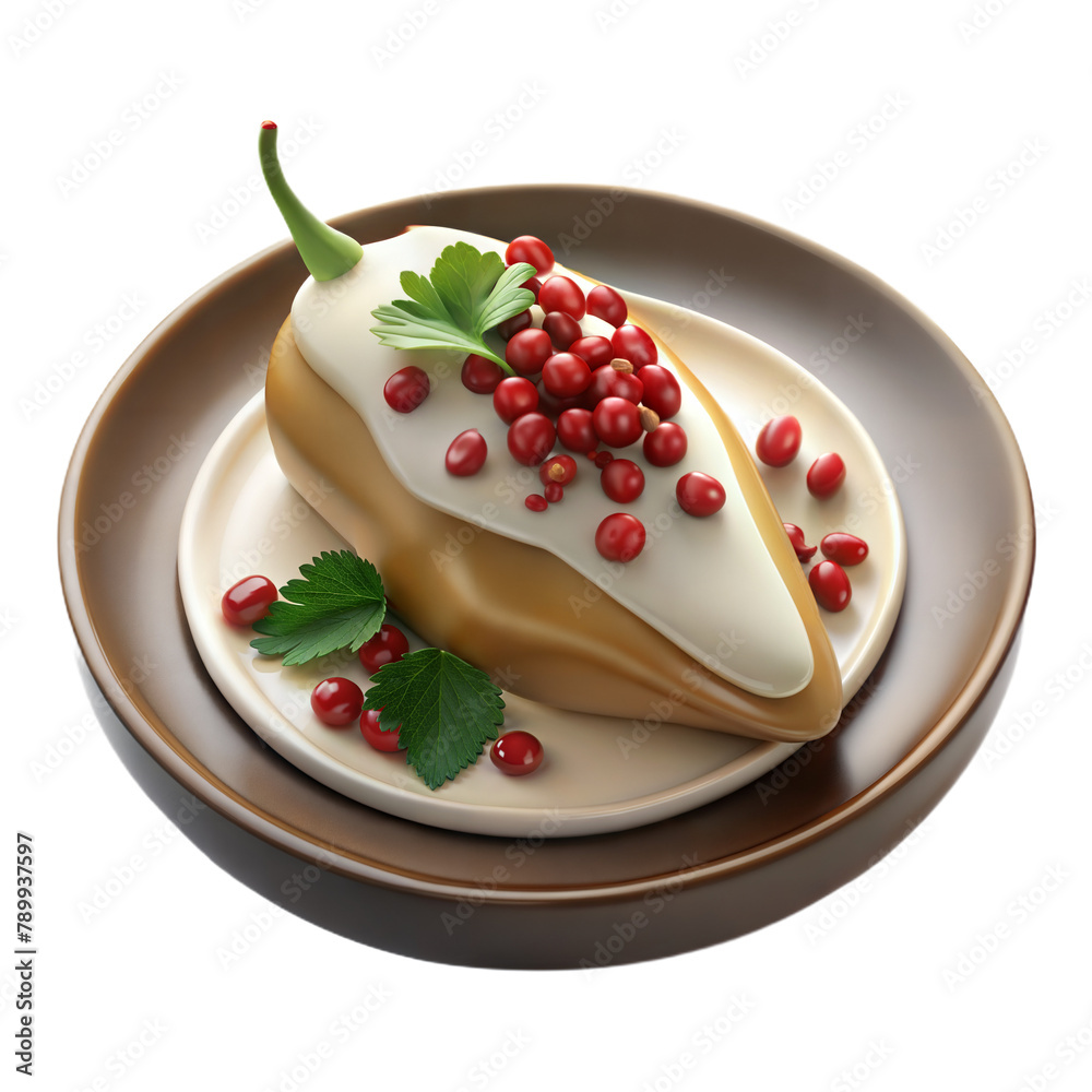 3d illustration of the iconic mexican delicacy, chiles en nogada, served on a plate 3d illustration of the iconic mexican delicacy, chiles en nogada, served on a plate