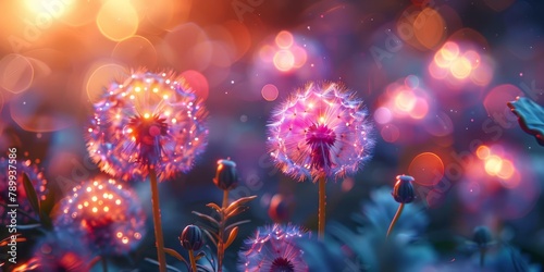 Whimsical 5G towers as giant  iridescent dandelions spreading high-speed connectivity like glowing seeds 