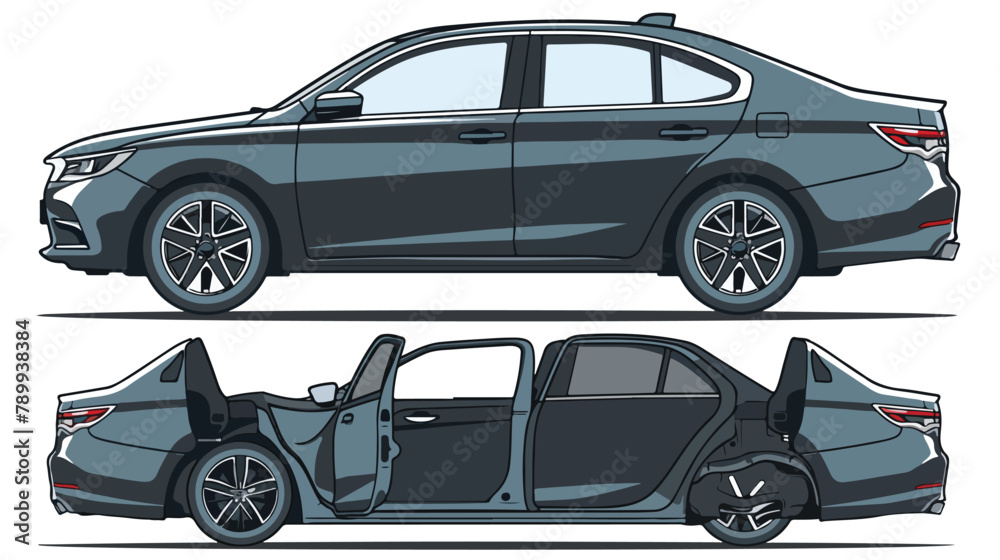 Sedan car with open boot. Side and background view. Vector