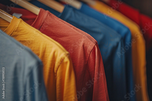 A lot of T-shirts of different colors hang on hangers close-up. Generated by artificial intelligence