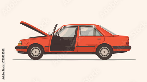 Sedan car with open trunk and door. Vector flat style