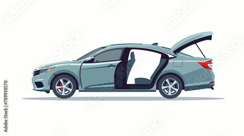 Sedan car with open trunk and door. Vector flat style