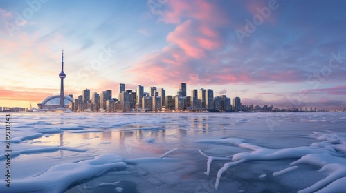 A panoramic view of the Toronto skyline, covered in ice and snow with visible ripples on its frozen surface, bathed by pastel skies at dawn