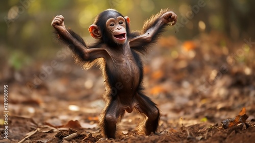 A cute baby chimpanzee doing the best break dance moves, happily laughing in a forest clearing