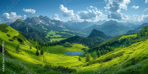 Beautiful green grassy mountain landscape with blue sky and clouds in the background 