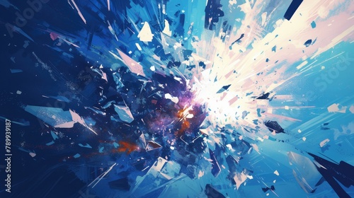 2d illustration depicting shattered glass or an exploding ice effect with bursting particles explosive energy and a dynamic galaxy in a comic style composition Featuring grungy fragments of photo