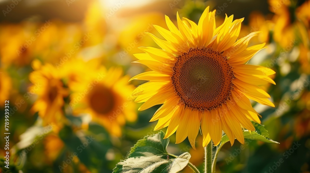 A sunflower among sunflowders, sun-kissed leaves, sun behind A sunflower among sunflowders, sun-kissed leaves, sun behind