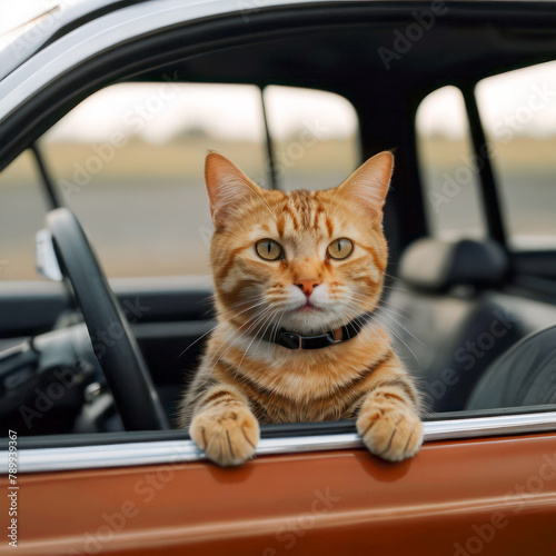 A red cat driving a car. © irina1791