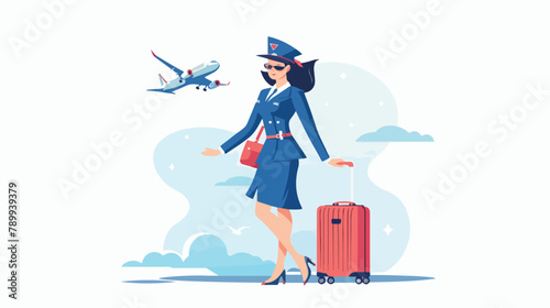 Stewardess in blue uniform with red suitcase 