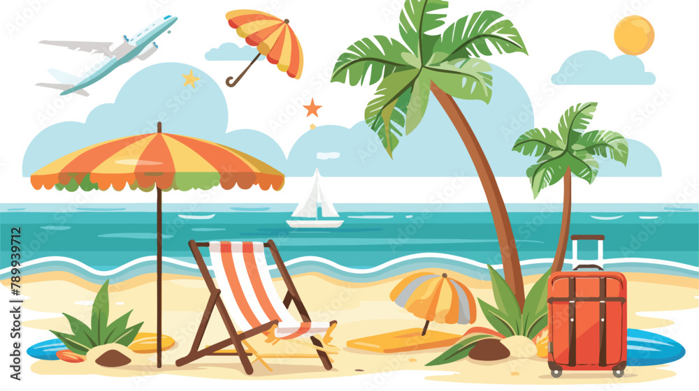 Suitcase deck chair and plane palm tree and umbrella