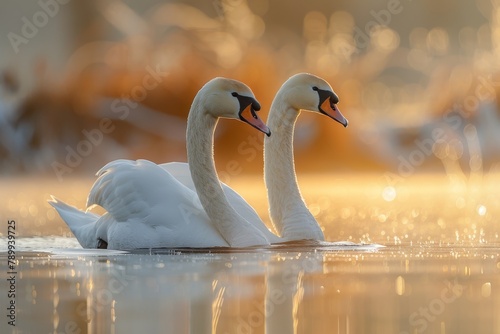 Fototapeta Naklejka Na Ścianę i Meble -  A serene image capturing the beauty of two swans in love enjoying the golden hour sunset, reflecting on tranquil waters