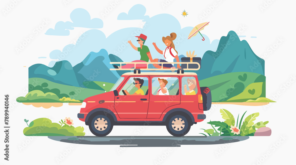 Summer vacation travel. Family trip by car. Vector