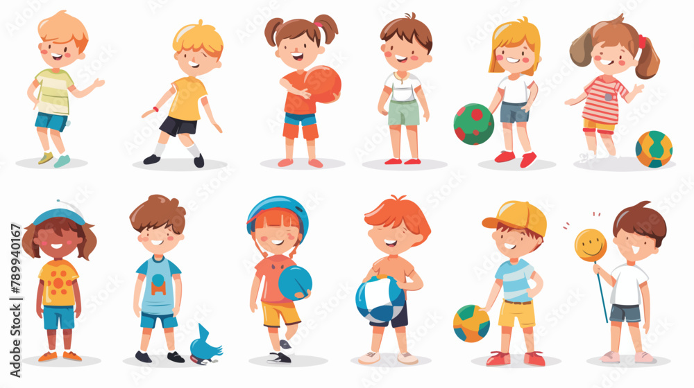 Set of different kids with toys and balls. Vector 