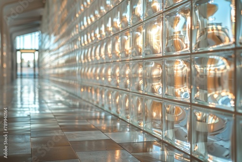 A warm, ambient interior view of a glass block wall, reflecting a modern architectural design and indirect sunlight photo