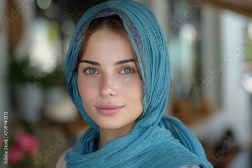 A striking young woman with a blue scarf and enigmatic eyes in a close-up portrait