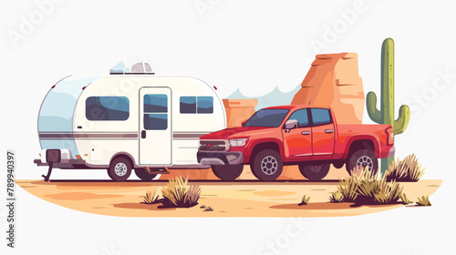 Suv car and camper trailers caravan. Desert landscape © Nova
