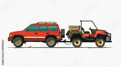 SUV car tows a trailer with a ATV. Vector flat style